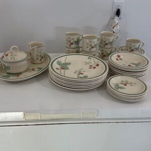 Wedgwood Cream Dinnerware Set with Green Trim and Red Raspberry Accents